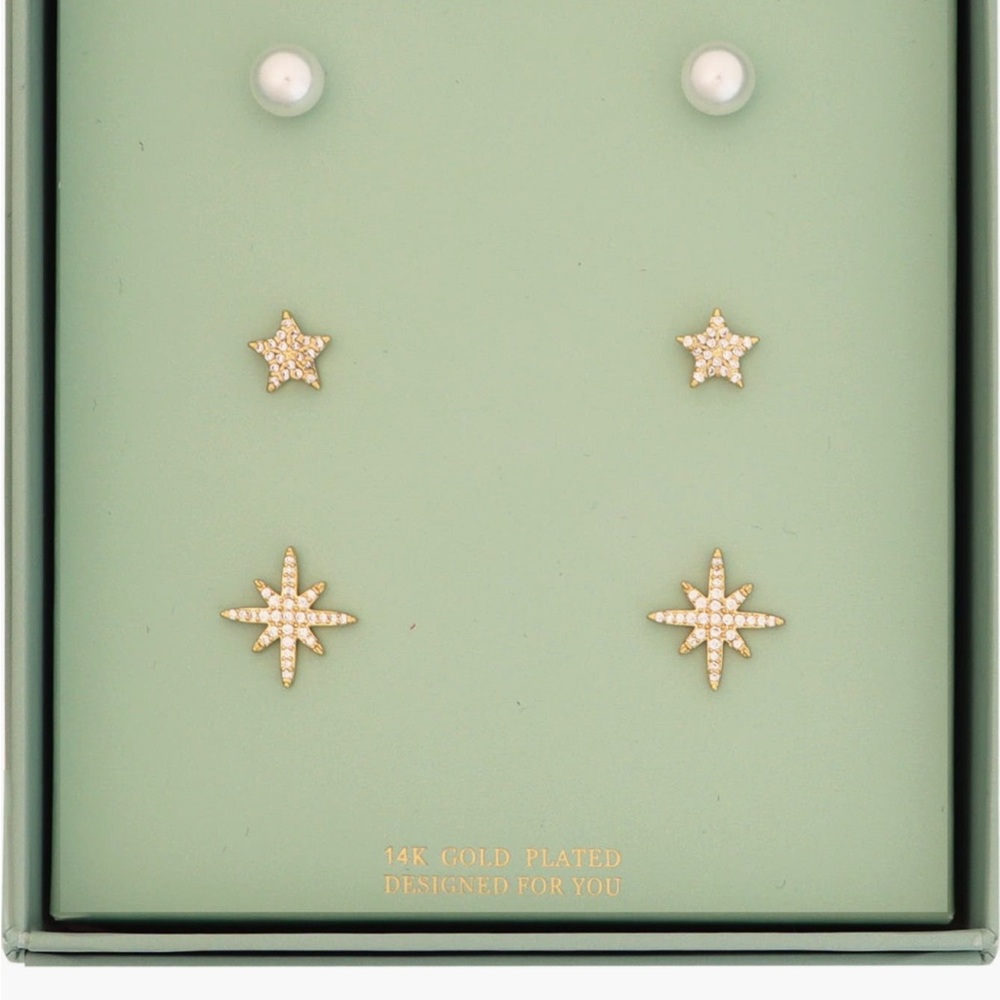 NWT Nordstrom Panacea 3 pairs of stud earrings with box. 14k gold plated. Shiny.